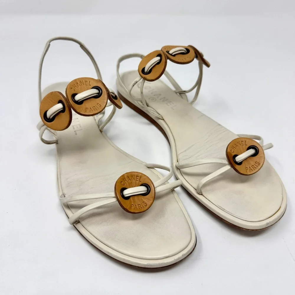 Chanel Flat Thong Sandals Cream with Brown Leather Medallions